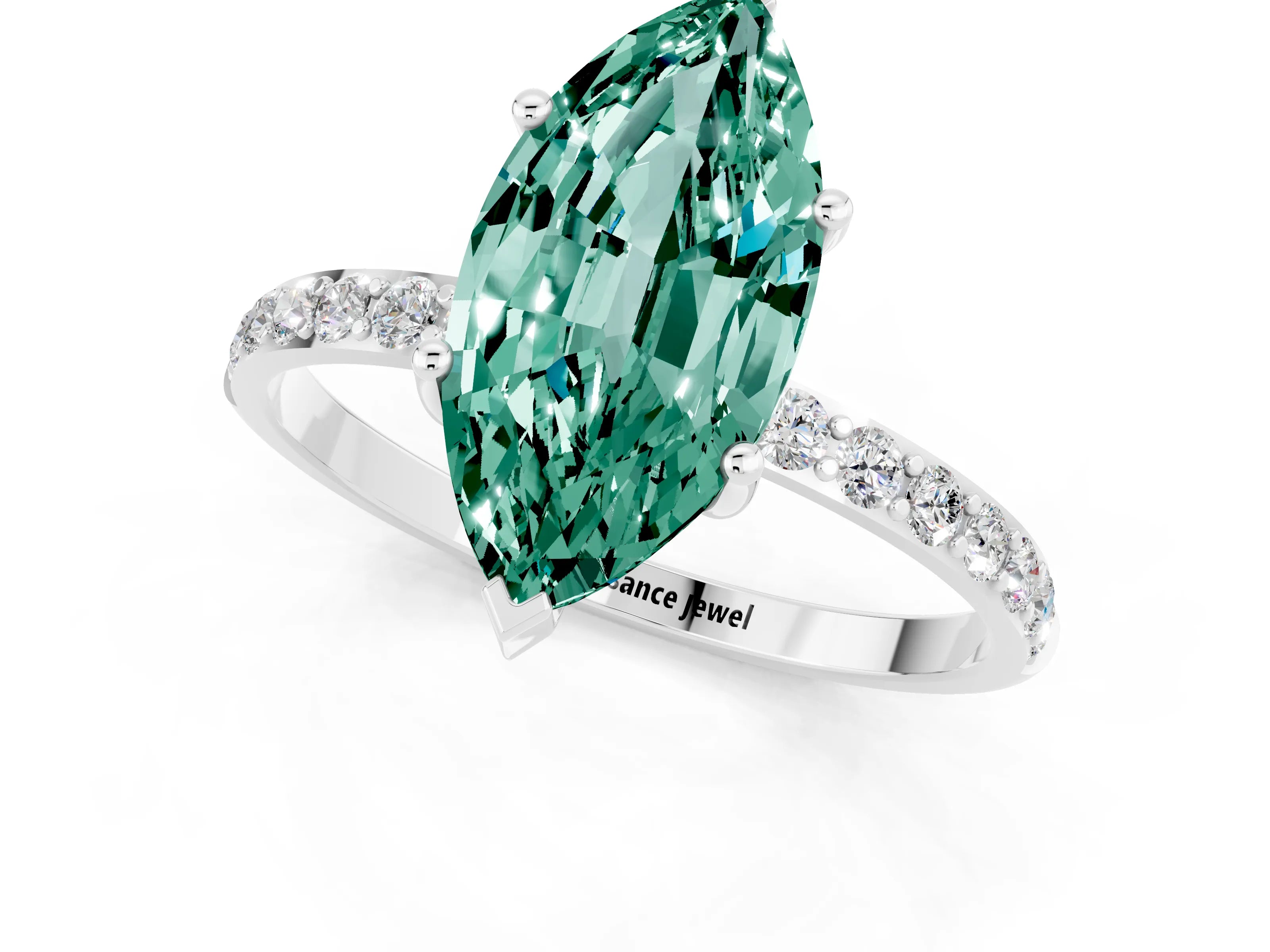 White gold Marquise Cut Green Sapphire Solitaire Ring with Pave Band and Four Prong Setting_25