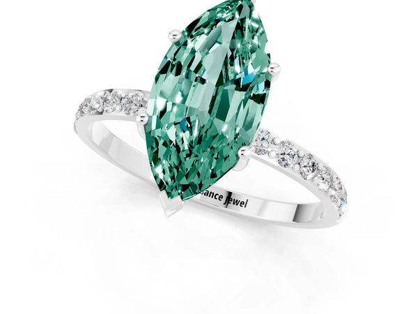 Platinum Marquise Cut Green Sapphire Solitaire Ring with Round  Pavé Band and Prong Setting
