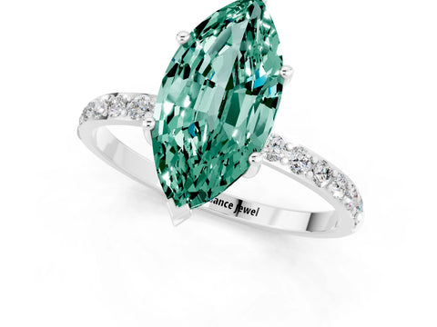 White gold Marquise Cut Green Sapphire Solitaire Ring with Pave Band and Four Prong Setting_25