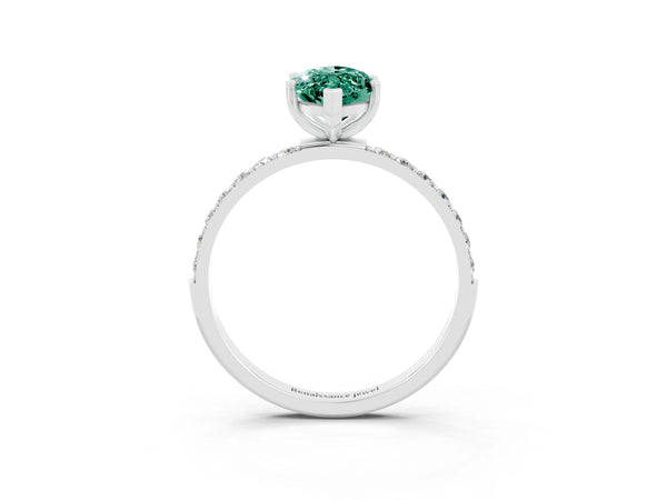 Platinum Marquise Cut Green Sapphire Solitaire Ring with Round  Pavé Band and Prong Setting