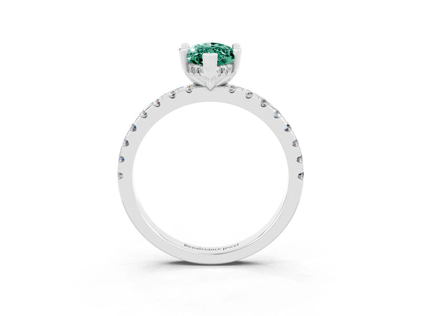 White gold Marquise Cut Green Sapphire Solitaire Ring with Round Pavé Band and Four-Prong Setting