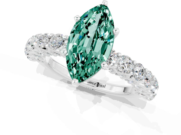 White gold Marquise Cut Green Sapphire Solitaire Ring with Shared Prong Pavé Band and Four-Prong Setting