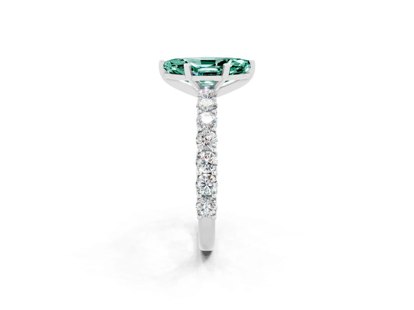 White gold Marquise Cut Green Sapphire Solitaire Ring with Shared Prong Pavé Band and Four-Prong Setting