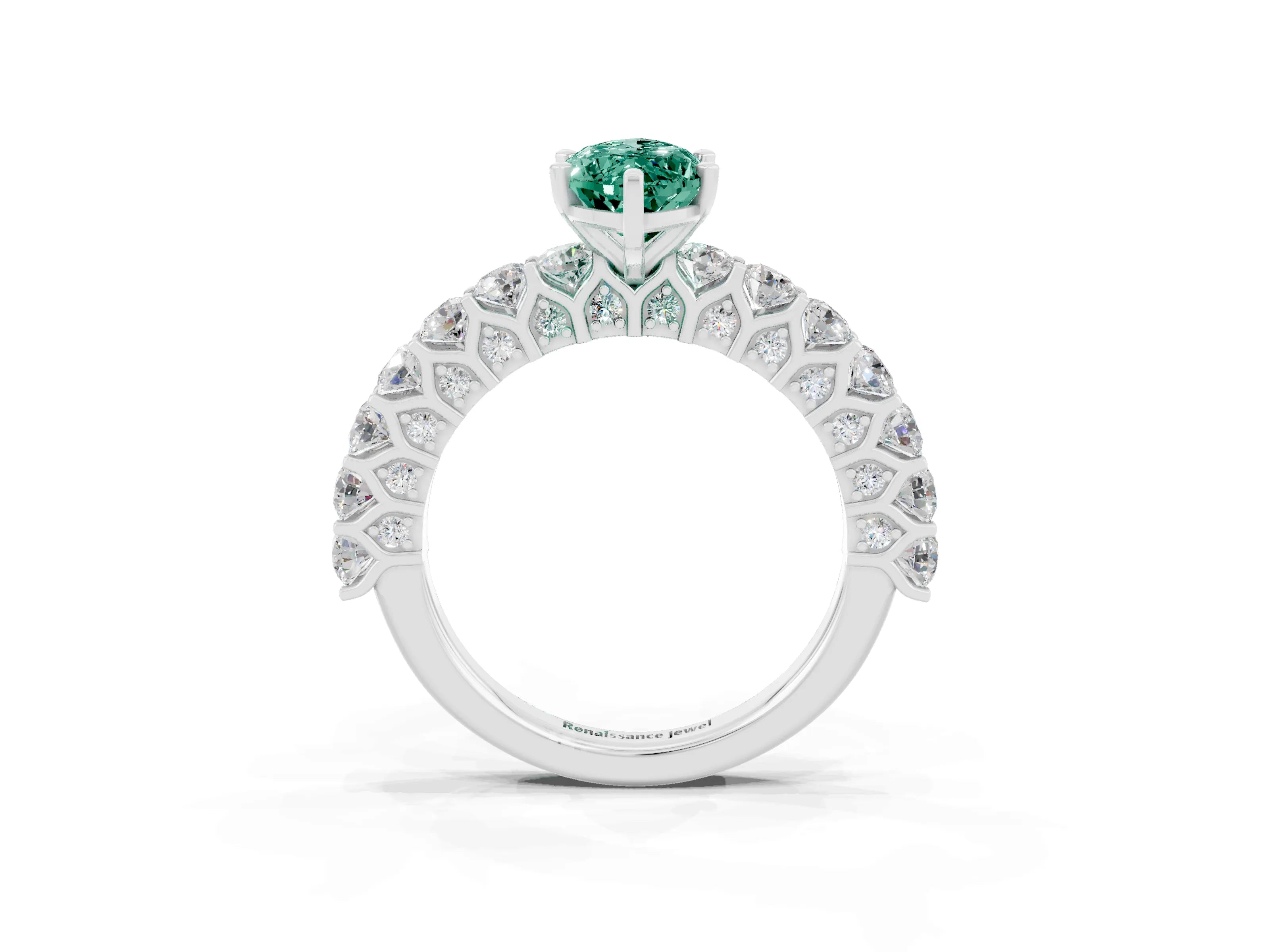 White gold Marquise Cut Green Sapphire Solitaire Ring with Shared Prong Pavé Band and Four-Prong Setting_3