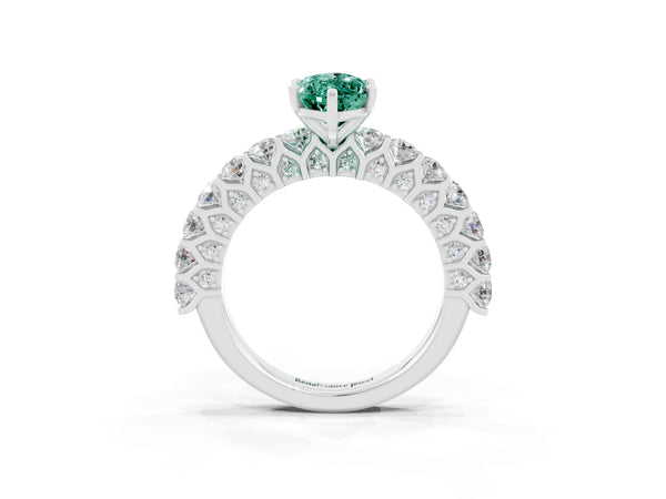 White gold Marquise Cut Green Sapphire Solitaire Ring with Shared Prong Pavé Band and Four-Prong Setting