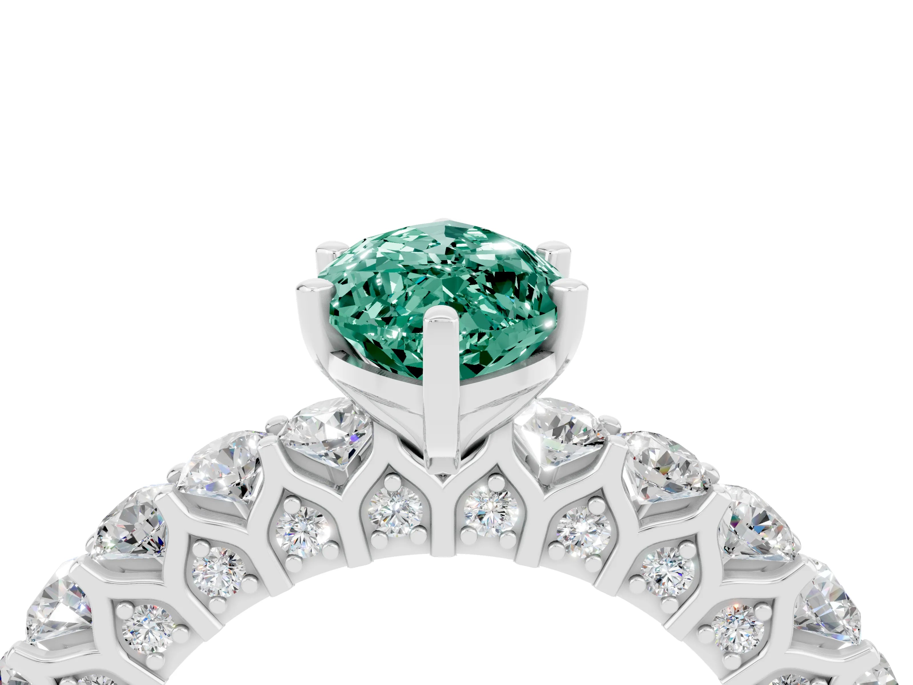 White gold Marquise Cut Green Sapphire Solitaire Ring with Shared Prong Pavé Band and Four-Prong Setting_4