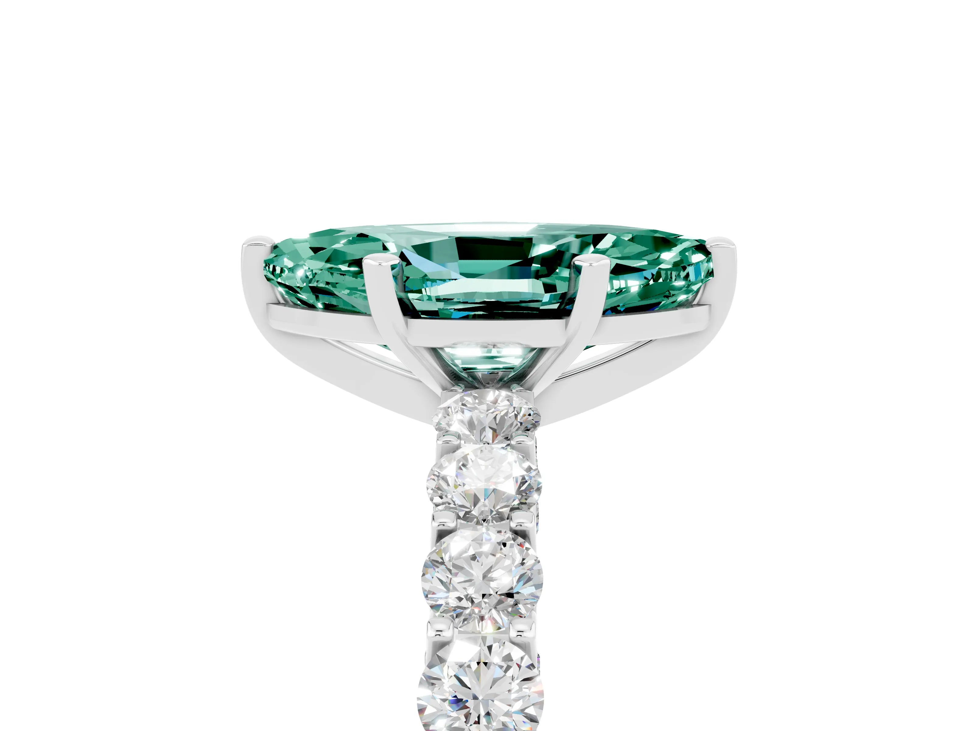 White gold Marquise Cut Green Sapphire Solitaire Ring with Shared Prong Pavé Band and Four-Prong Setting_5