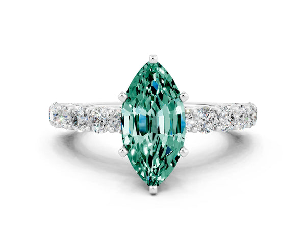 White gold Marquise Cut Green Sapphire Solitaire Ring with Shared Prong Pavé Band and Four-Prong Setting