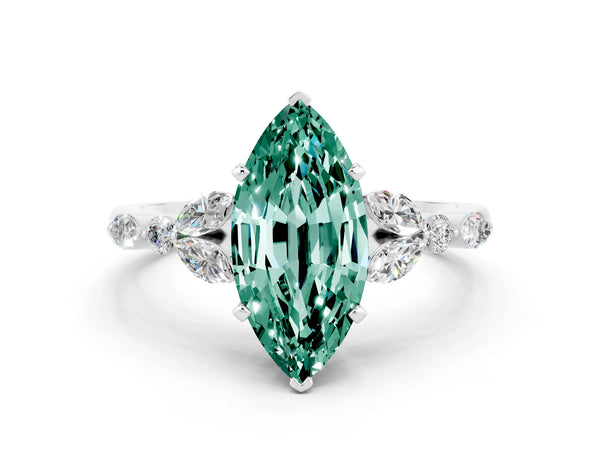 Platinum Marquise Cut Green Sapphire Solitaire Ring with Side Stones and Four-Prong Setting