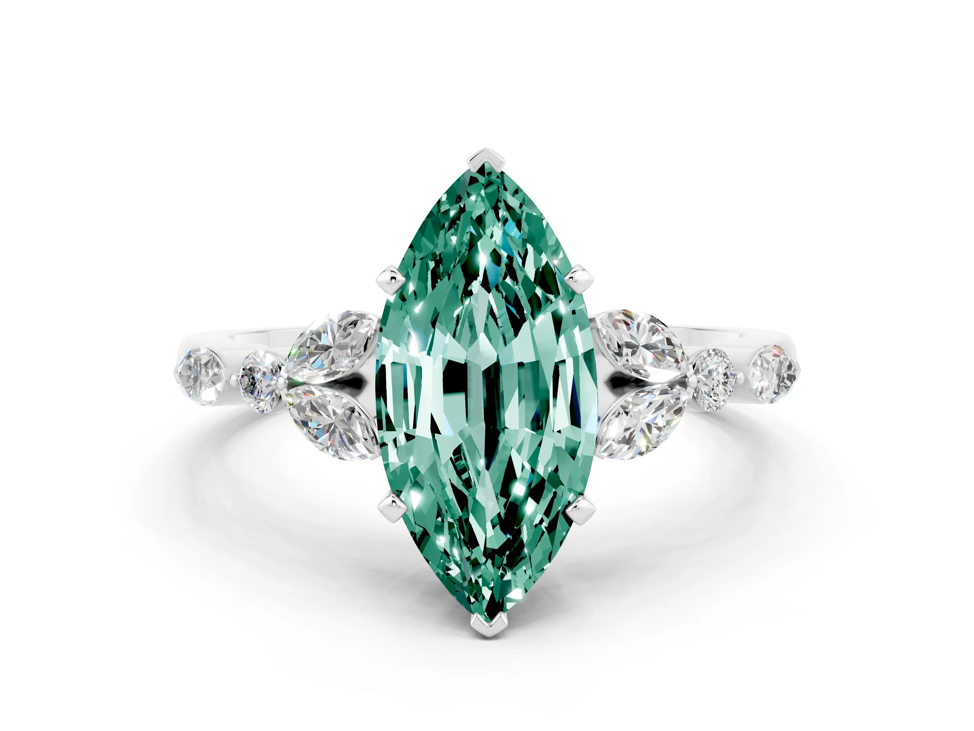 White gold Marquise Cut Green Sapphire Solitaire Ring with Side Stones and Four-Prong Setting_36