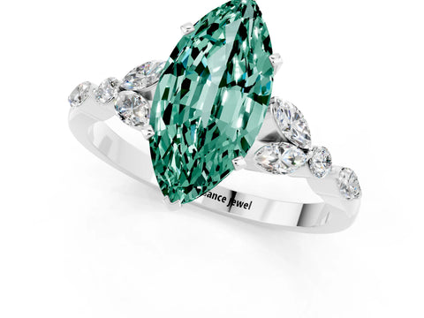 White gold Marquise Cut Green Sapphire Solitaire Ring with Side Stones and Four-Prong Setting_37