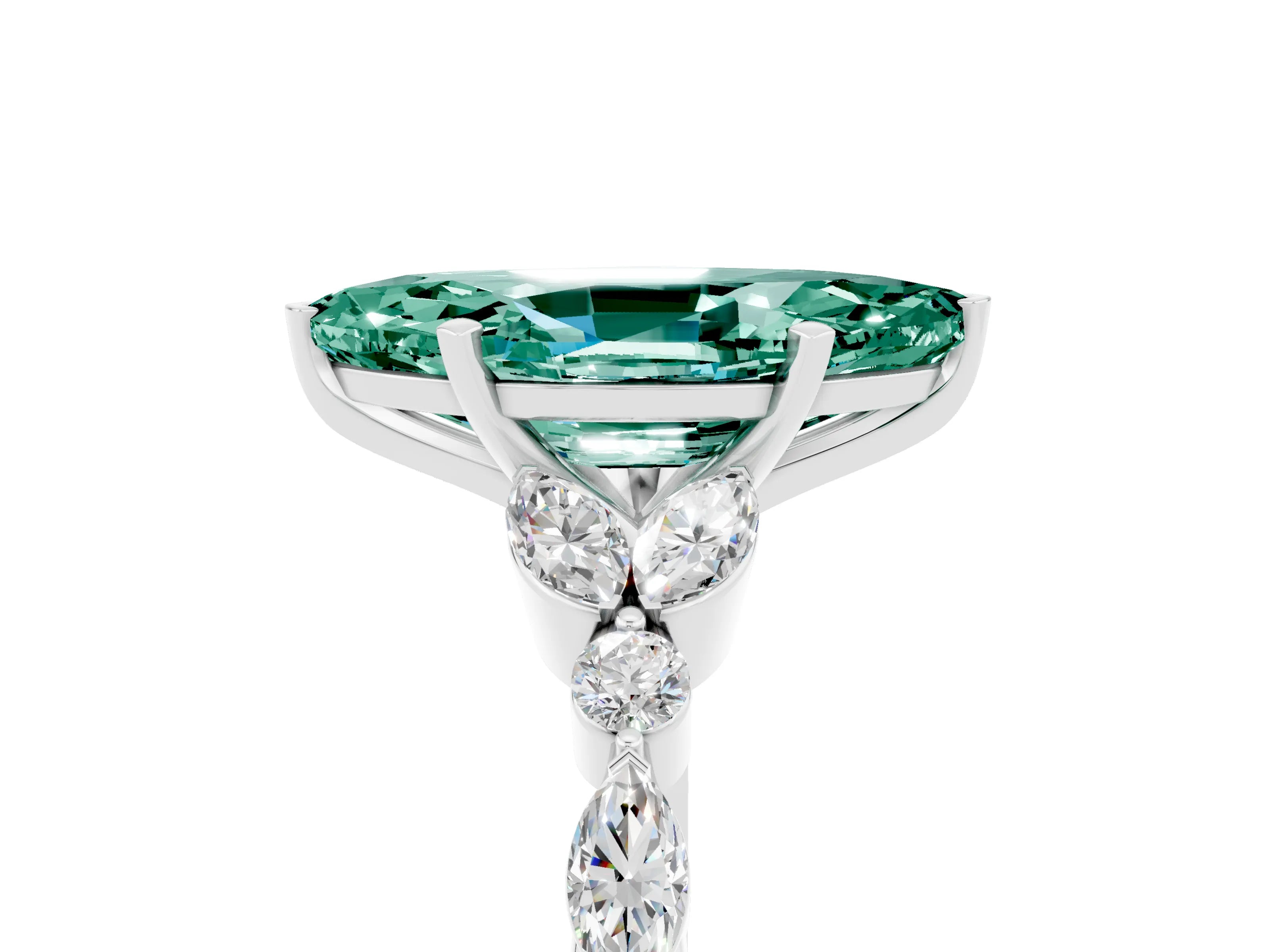 White gold Marquise Cut Green Sapphire Solitaire Ring with Side Stones and Four-Prong Setting_41