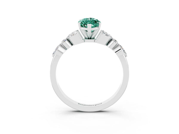 White gold Marquise Cut Green Sapphire Solitaire Ring with Side Stones and Four-Prong Setting