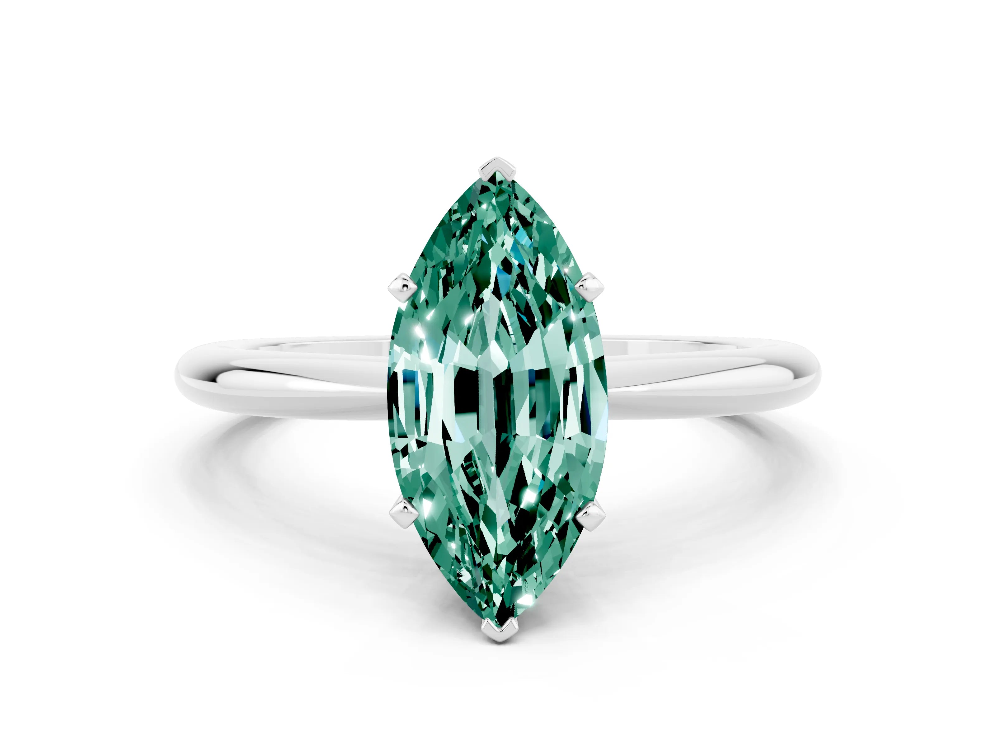 White gold Marquise Cut Green Sapphire Solitaire Ring with Six-Prong Setting and Classic Band