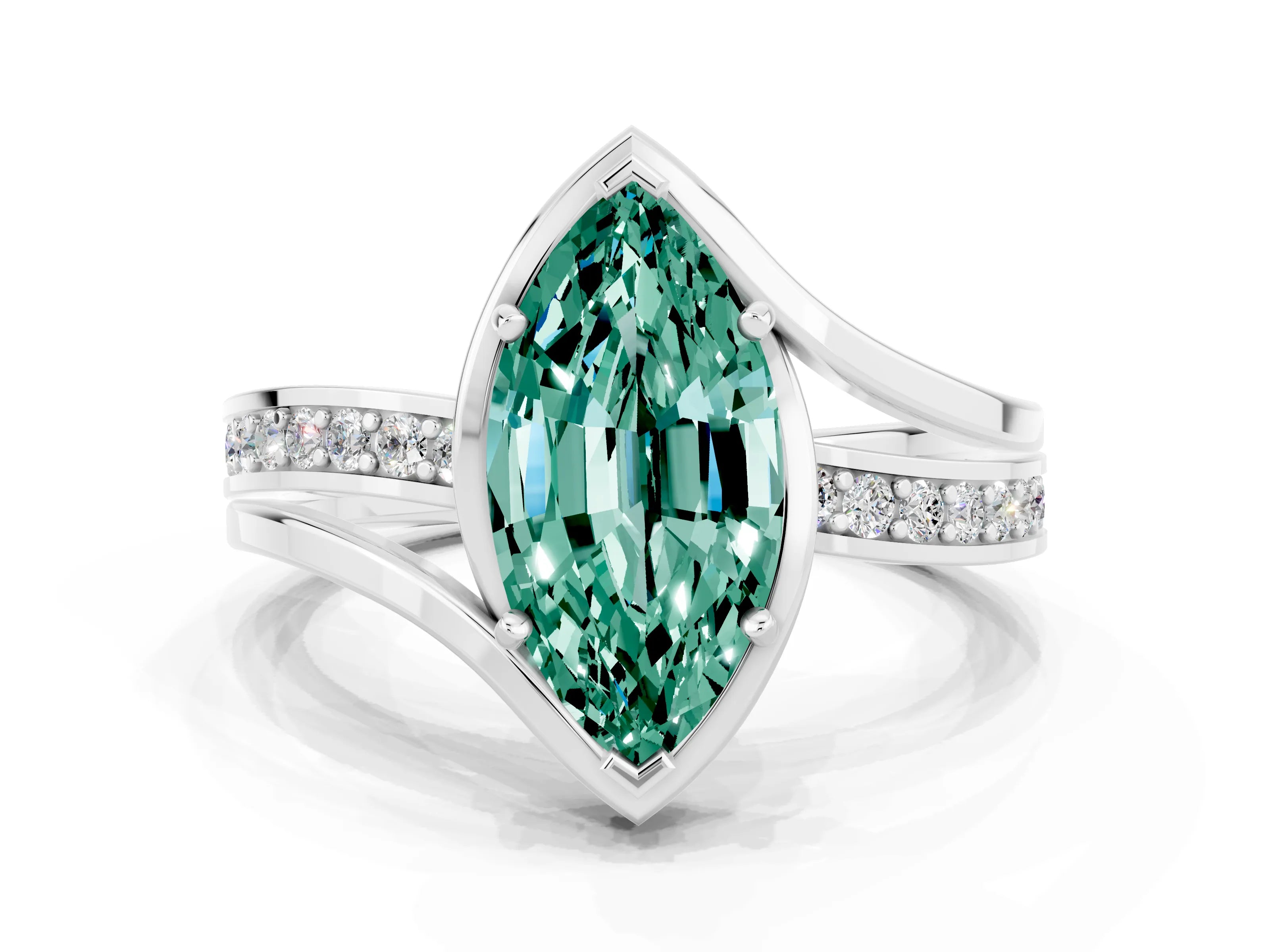 White gold Marquise Cut Green Sapphire Solitaire Ring with Split Shank and Prong Setting