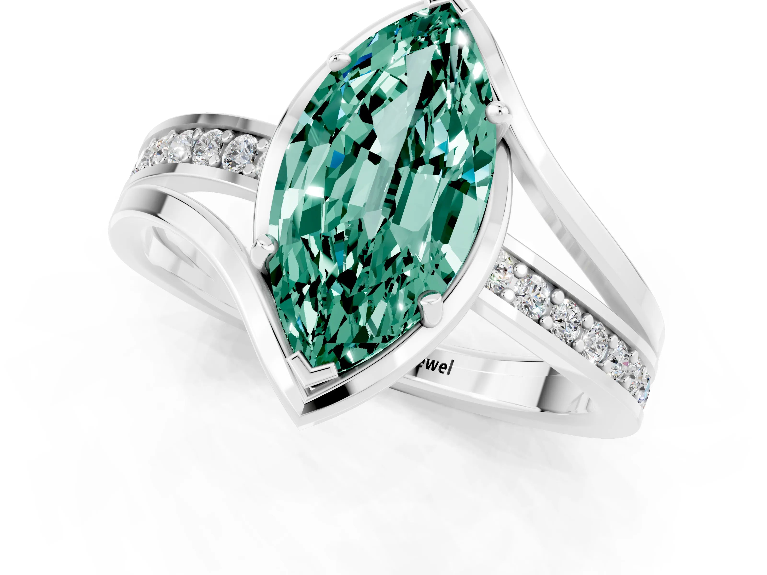 White gold Marquise Cut Green Sapphire Solitaire Ring with Split Shank and Prong Setting_1