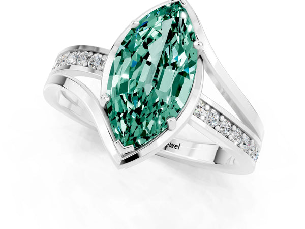 Platinum Marquise Cut Green Sapphire Solitaire Ring with Split Shank and Prong Setting