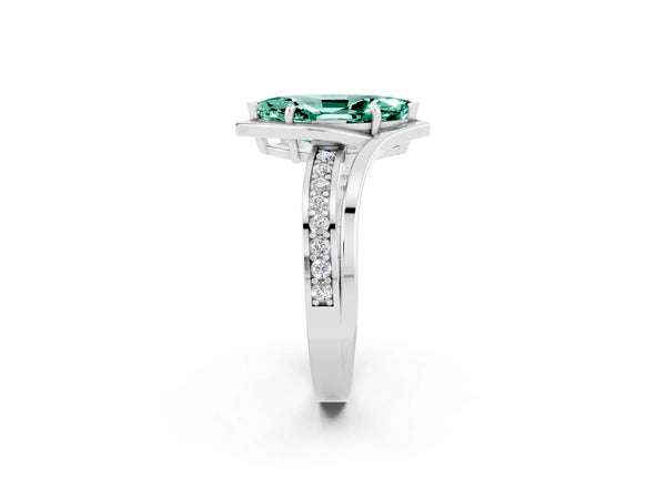 Platinum Marquise Cut Green Sapphire Solitaire Ring with Split Shank and Prong Setting