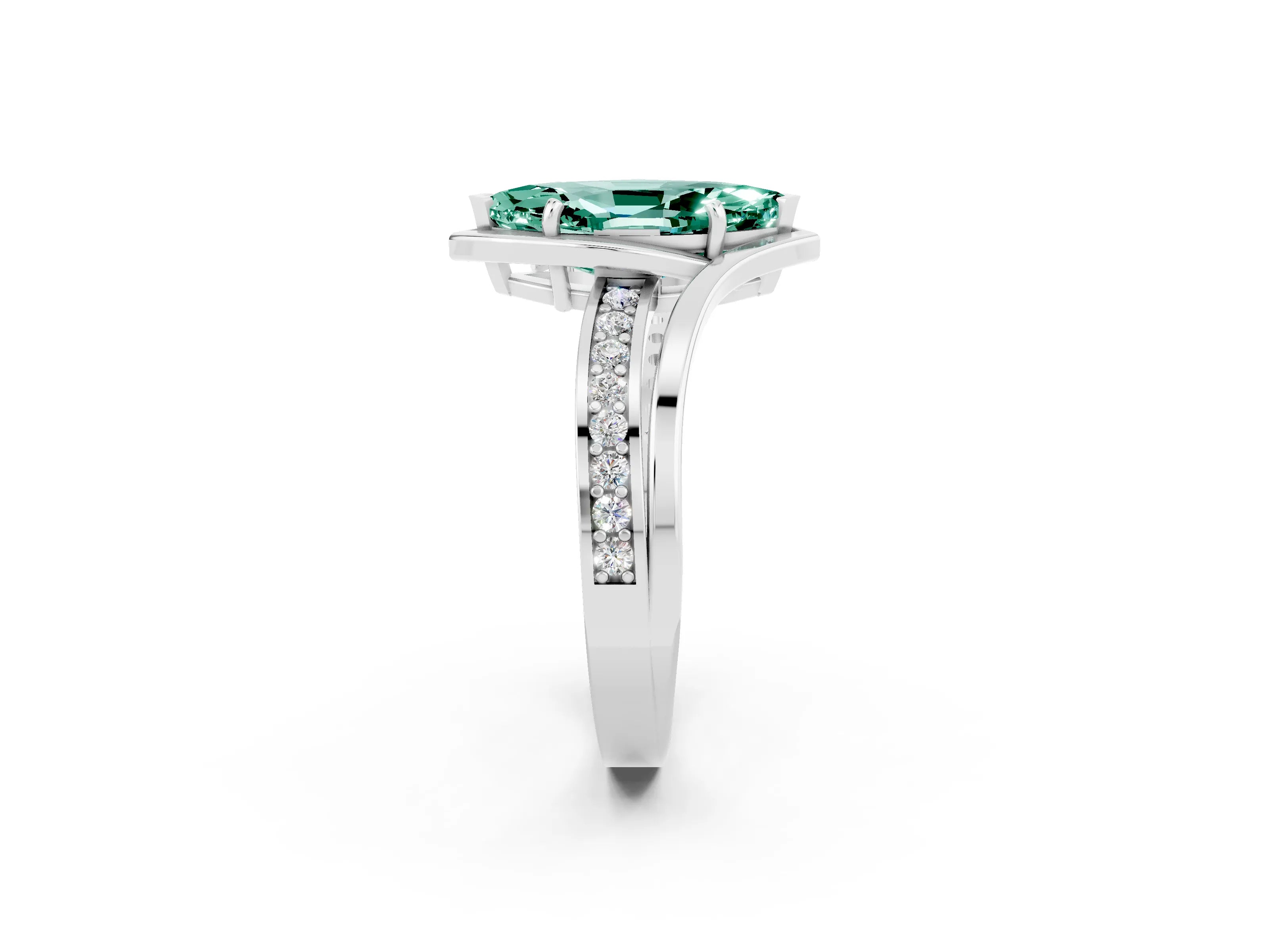 White gold Marquise Cut Green Sapphire Solitaire Ring with Split Shank and Prong Setting_2
