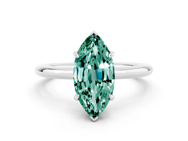 Silver Marquise Cut Green Sapphire Solitaire Ring with Thin Band and Four-Prong Setting