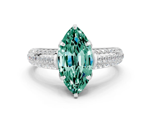 White gold Marquise Cut Green Sapphire Solitaire Ring with Three-Row Pavé Band and Four-Prong Setting