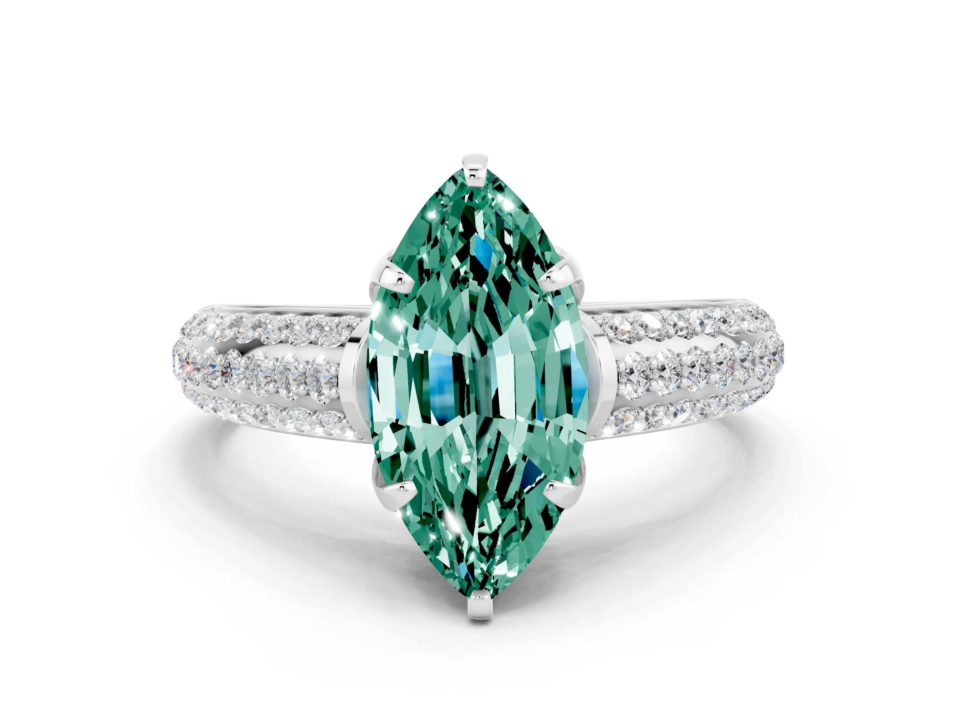 White gold Marquise Cut Green Sapphire Solitaire Ring with Three-Row Pavé Band and Four-Prong Setting_12