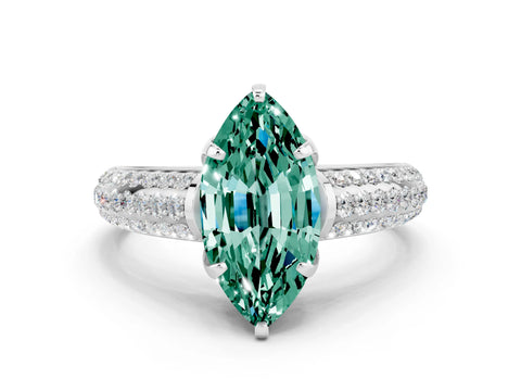 White gold Marquise Cut Green Sapphire Solitaire Ring with Three-Row Pavé Band and Four-Prong Setting_12
