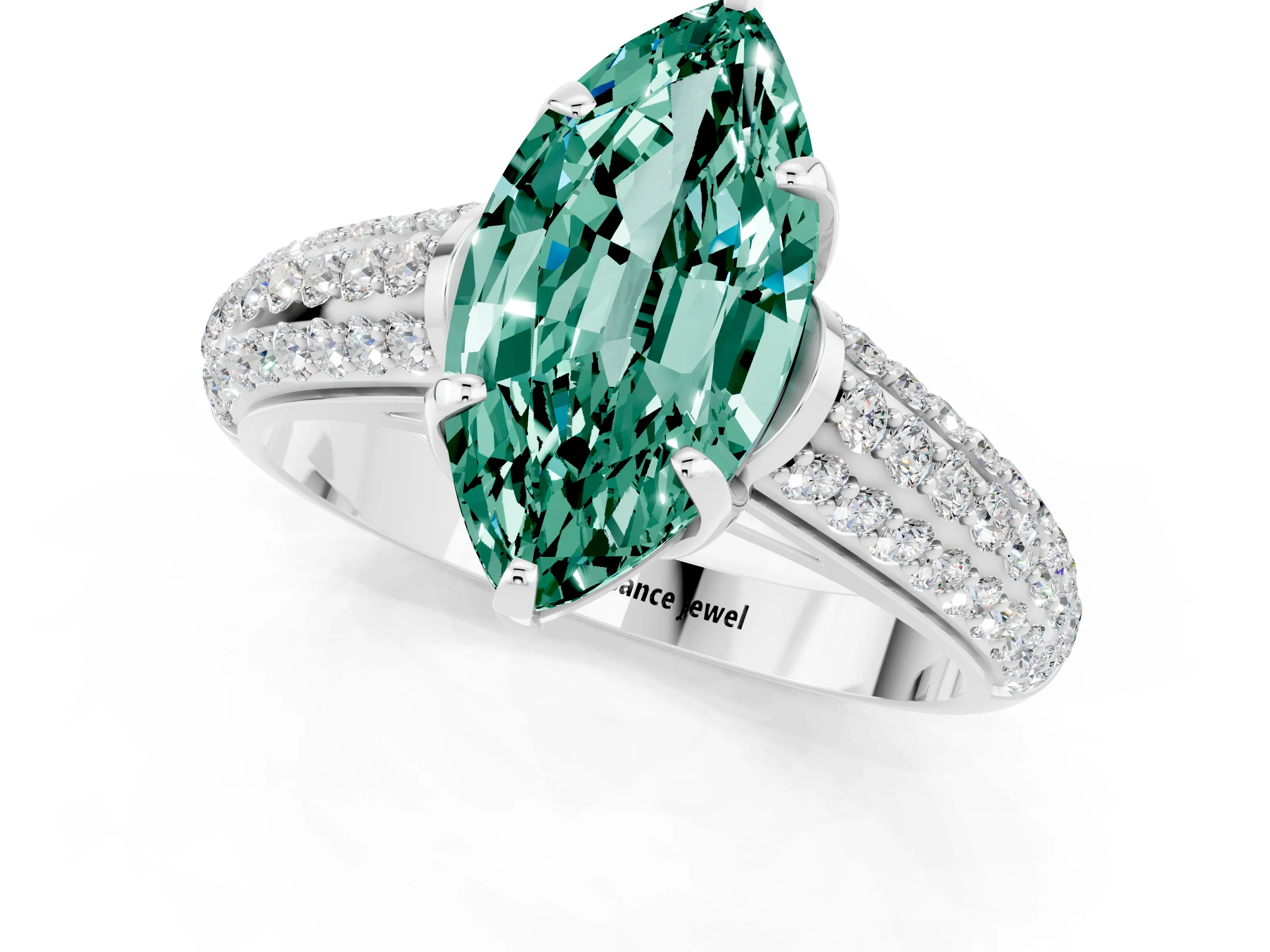 White gold Marquise Cut Green Sapphire Solitaire Ring with Three-Row Pavé Band and Four-Prong Setting_13
