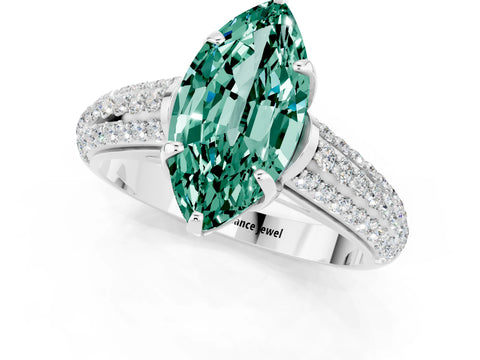 White gold Marquise Cut Green Sapphire Solitaire Ring with Three-Row Pavé Band and Four-Prong Setting_13