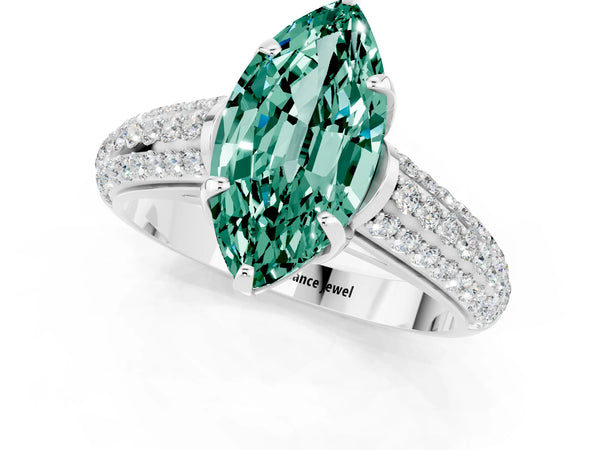 Silver Marquise Cut Green Sapphire Solitaire Ring with Three-Row Pavé Band and Four-Prong Setting