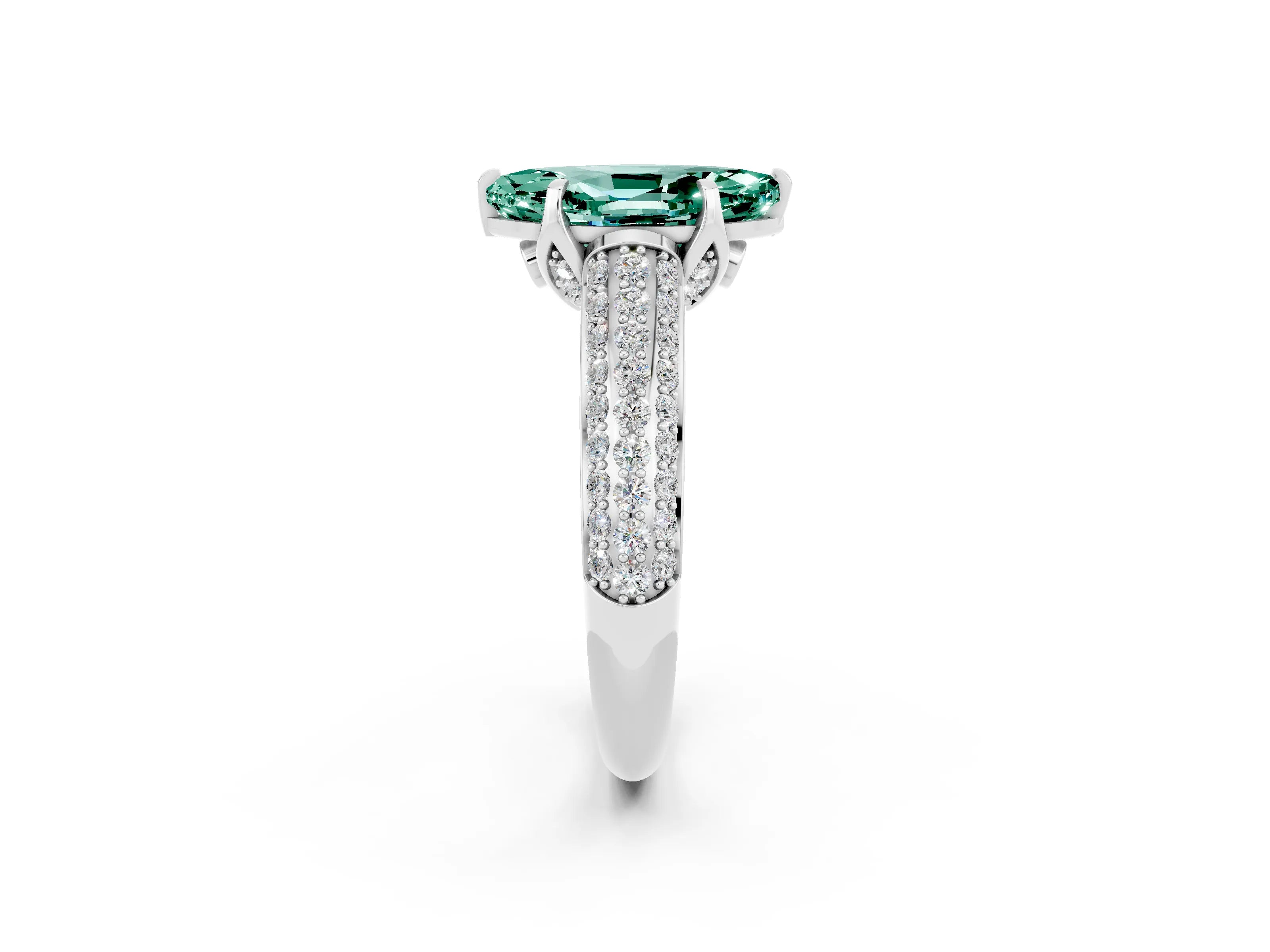 White gold Marquise Cut Green Sapphire Solitaire Ring with Three-Row Pavé Band and Four-Prong Setting_14