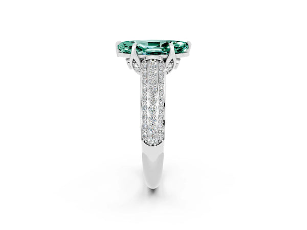 Silver Marquise Cut Green Sapphire Solitaire Ring with Three-Row Pavé Band and Four-Prong Setting