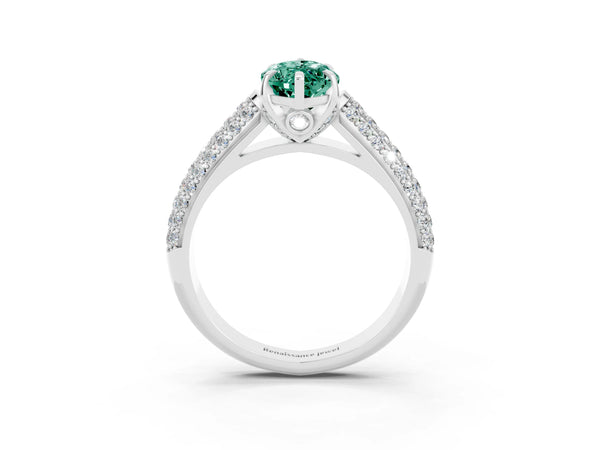 Platinum Marquise Cut Green Sapphire Solitaire Ring with Three-Row Pavé Band and Four-Prong Setting