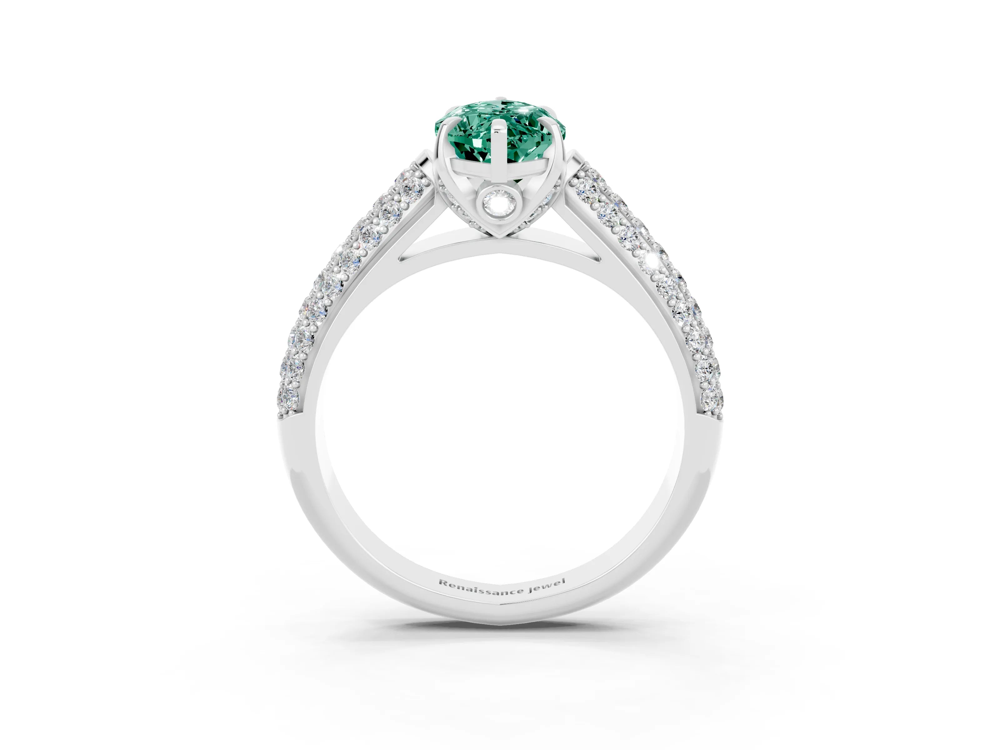 White gold Marquise Cut Green Sapphire Solitaire Ring with Three-Row Pavé Band and Four-Prong Setting_15
