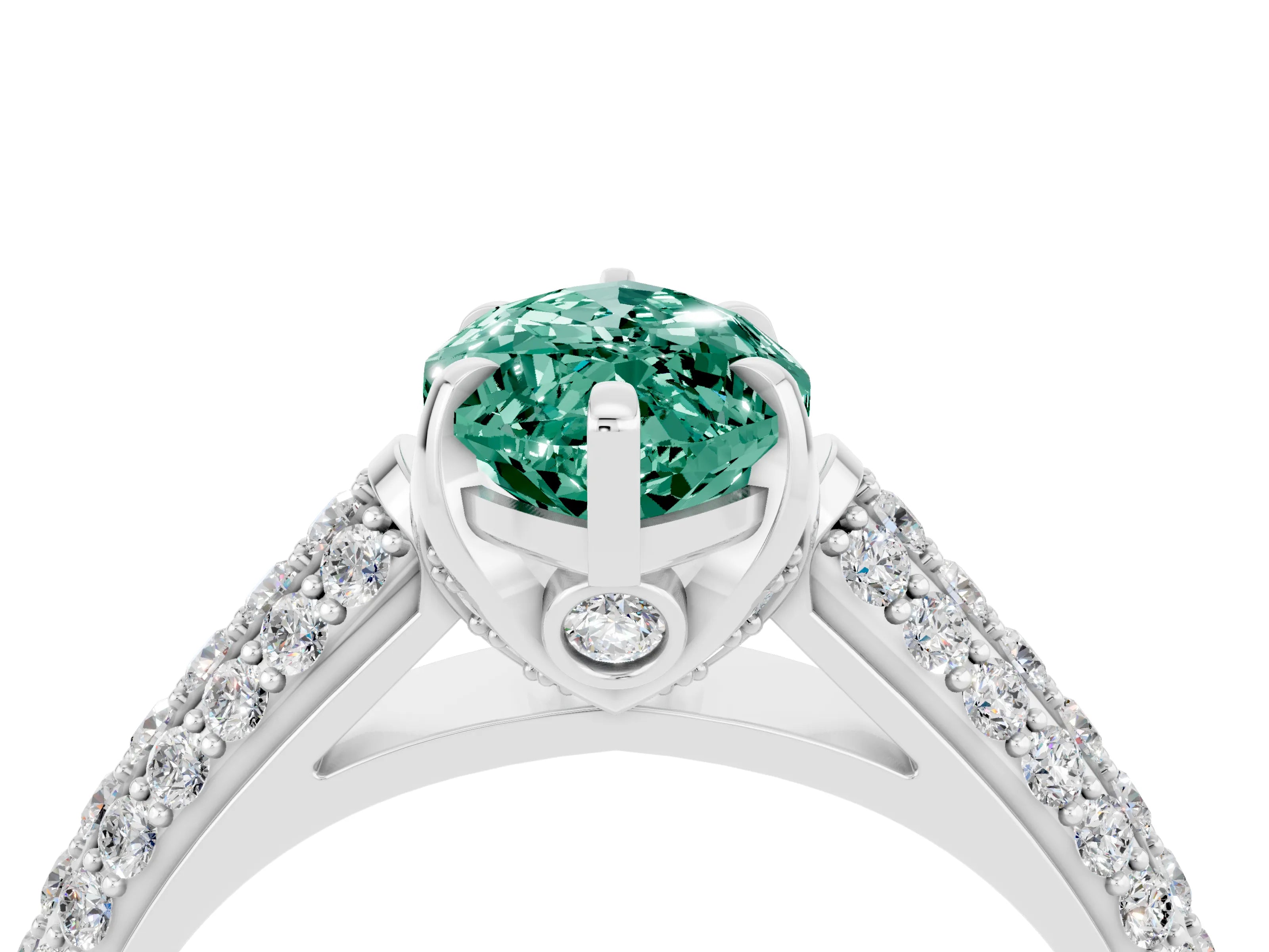 White gold Marquise Cut Green Sapphire Solitaire Ring with Three-Row Pavé Band and Four-Prong Setting_16