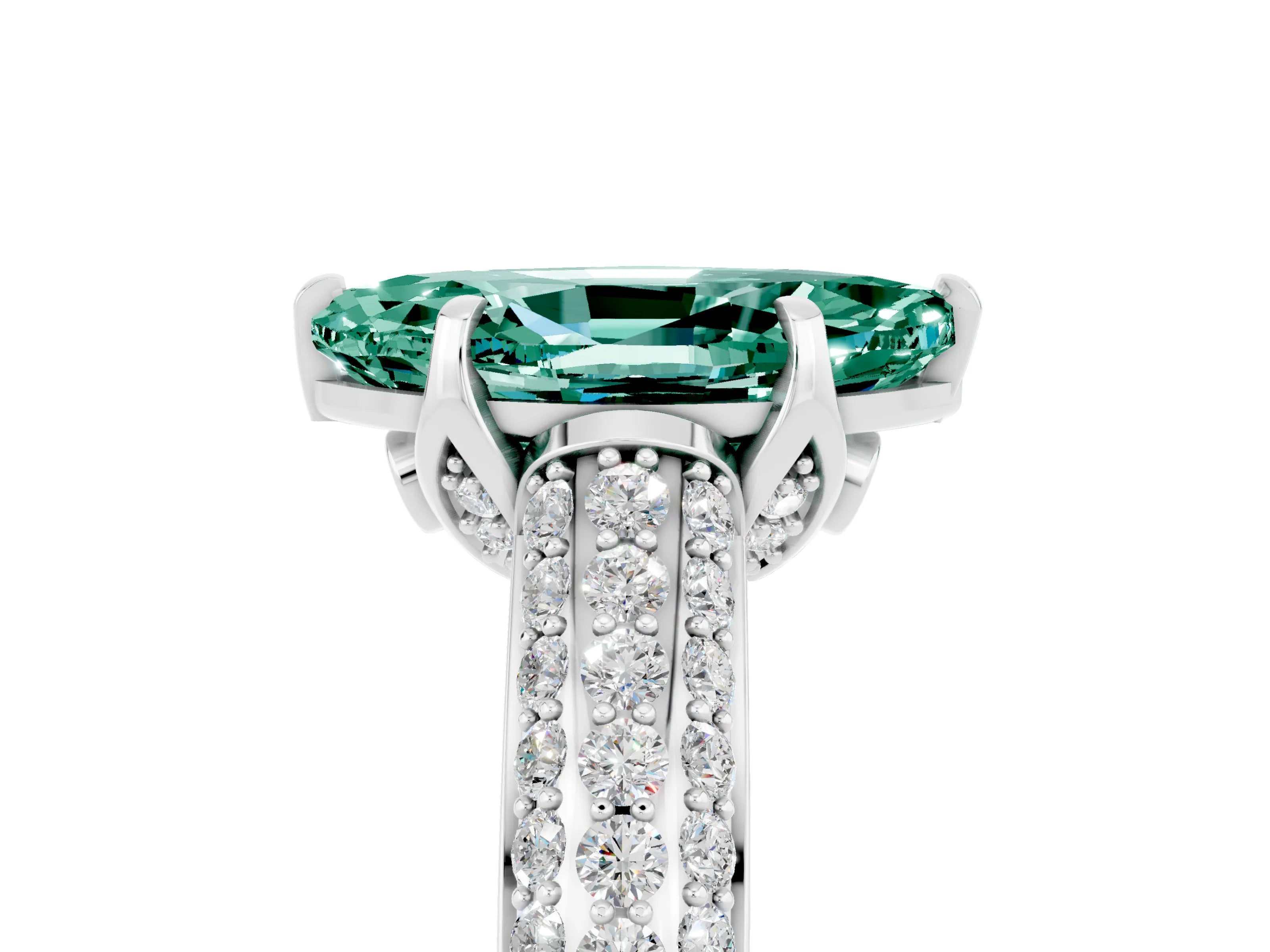 White gold Marquise Cut Green Sapphire Solitaire Ring with Three-Row Pavé Band and Four-Prong Setting_17
