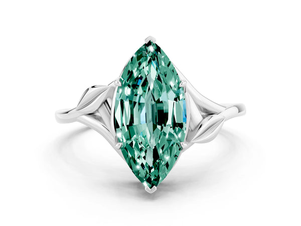 Silver Marquise Cut Green Sapphire Solitaire Ring with Twist Band and Four-Prong Setting