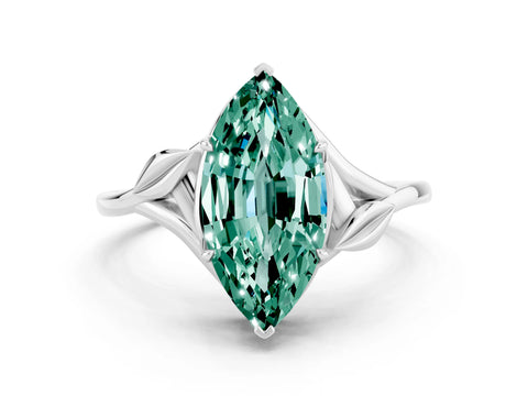 White gold Marquise Cut Green Sapphire Solitaire Ring with Twist Band and Four-Prong Setting_12