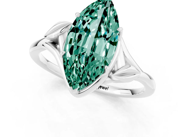 Silver Marquise Cut Green Sapphire Solitaire Ring with Twist Band and Four-Prong Setting