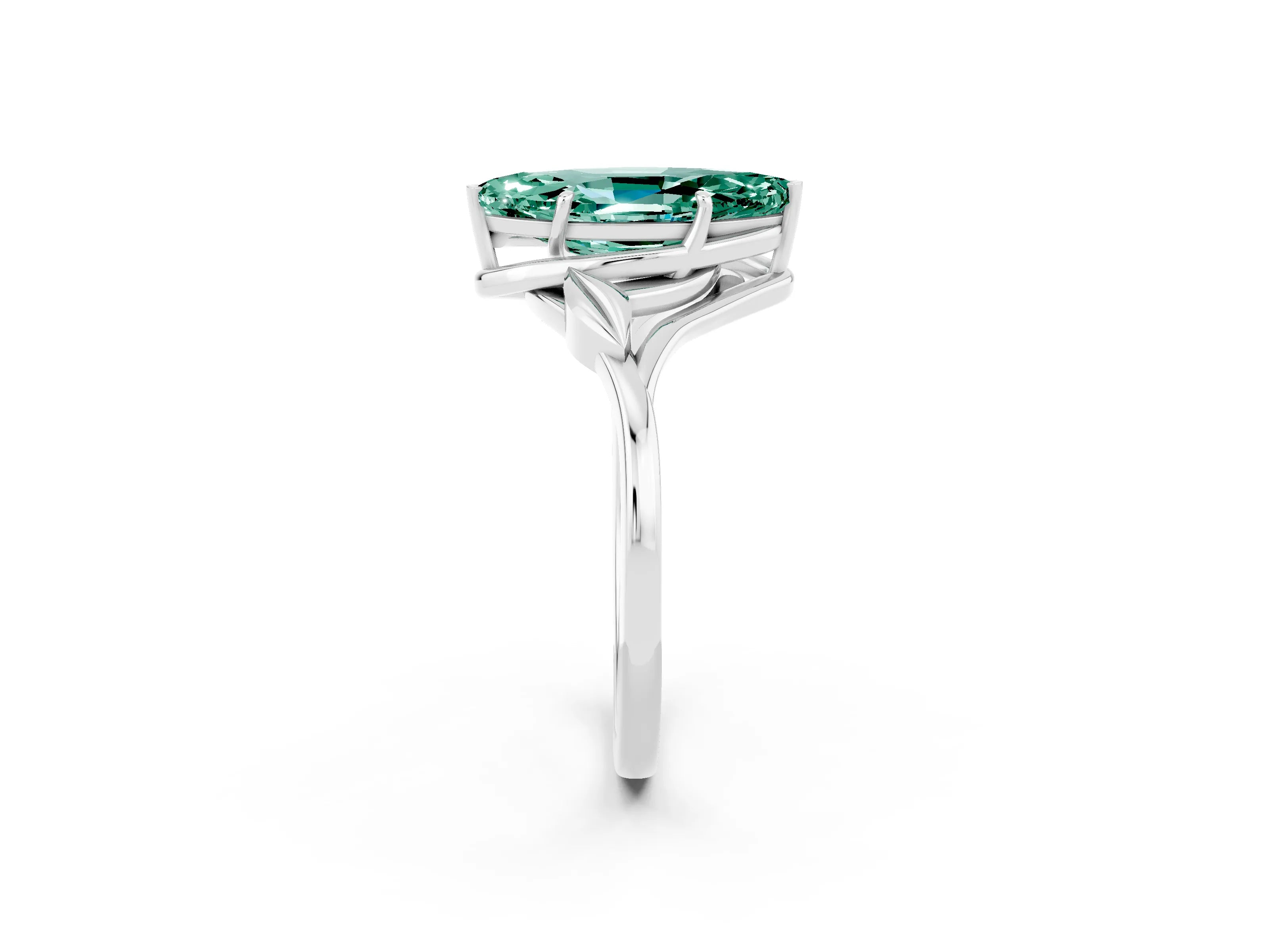 White gold Marquise Cut Green Sapphire Solitaire Ring with Twist Band and Four-Prong Setting_14