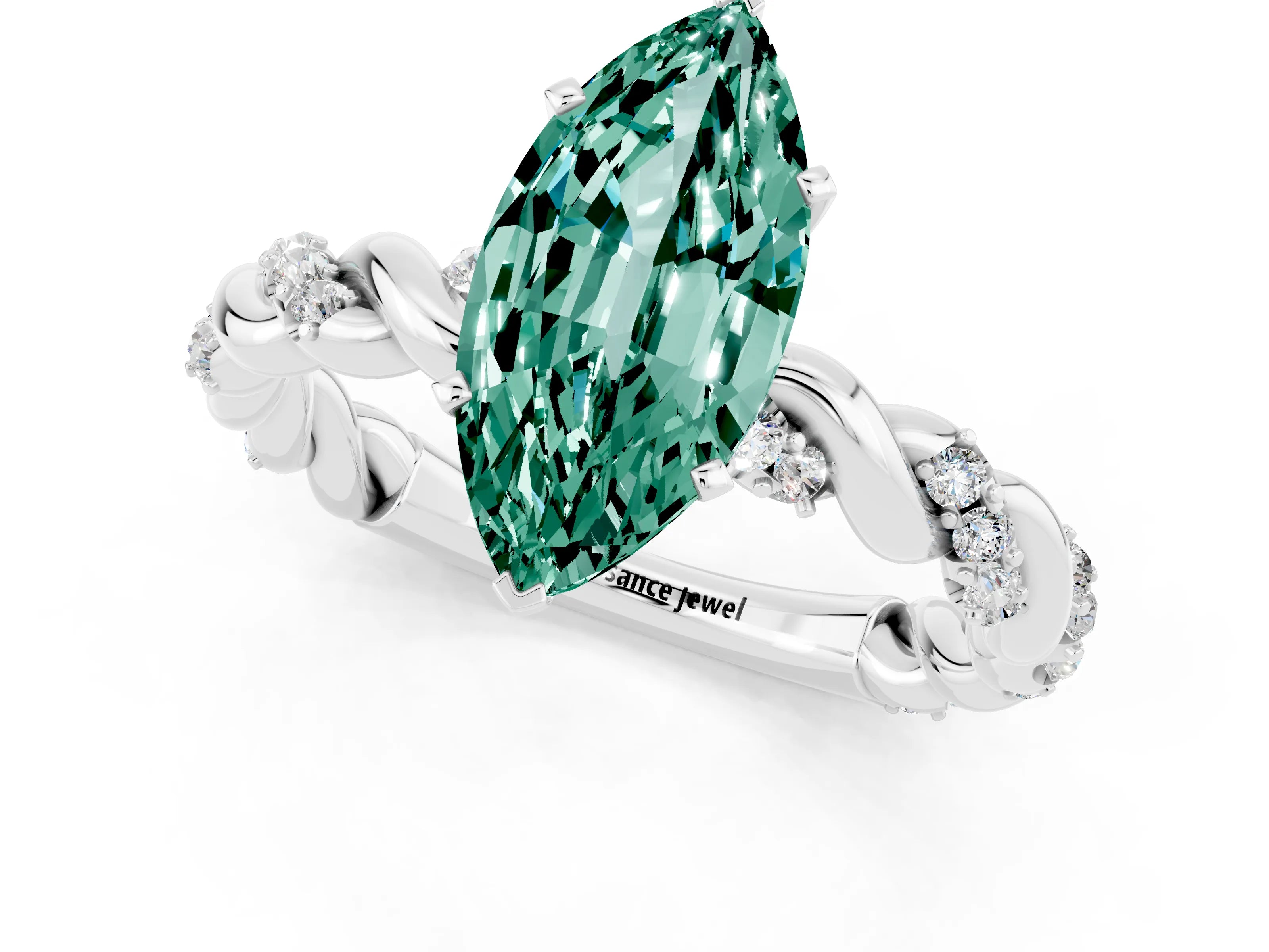 White gold Marquise Cut Green Sapphire Solitaire Ring with Twisted Band and Pavé Accents_1