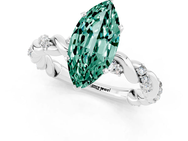 White gold Marquise Cut Green Sapphire Solitaire Ring with Twisted Band and Pavé Accents