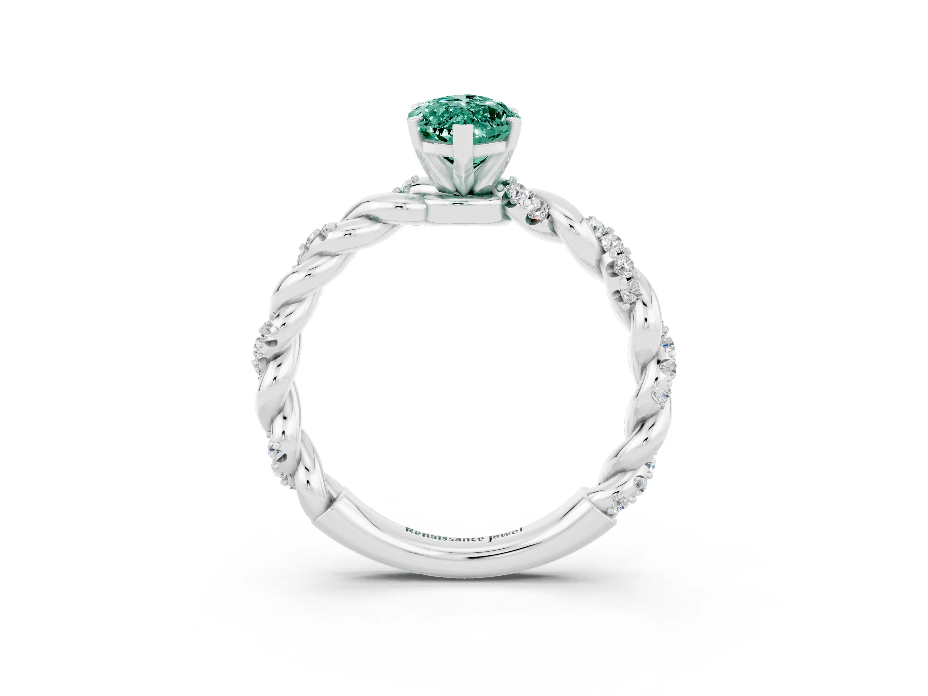 White gold Marquise Cut Green Sapphire Solitaire Ring with Twisted Band and Pavé Accents_3