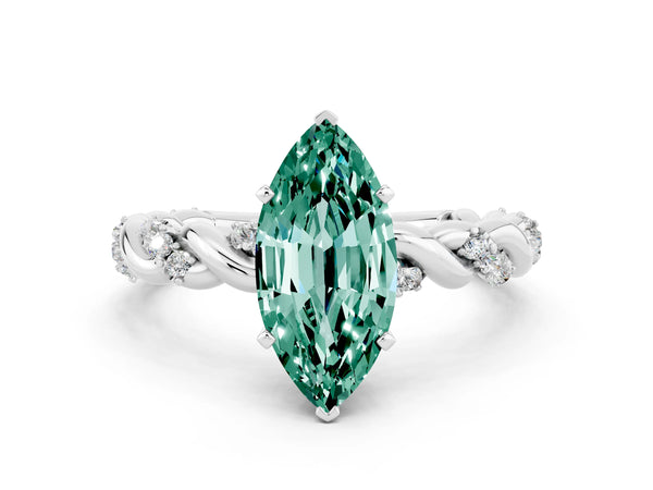Silver Marquise Cut Green Sapphire Solitaire Ring with Twisted Band and Pavé Accents
