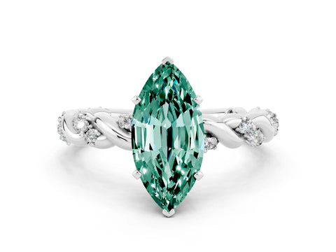 White gold Marquise Cut Green Sapphire Solitaire Ring with Twisted Band and Pavé Accents