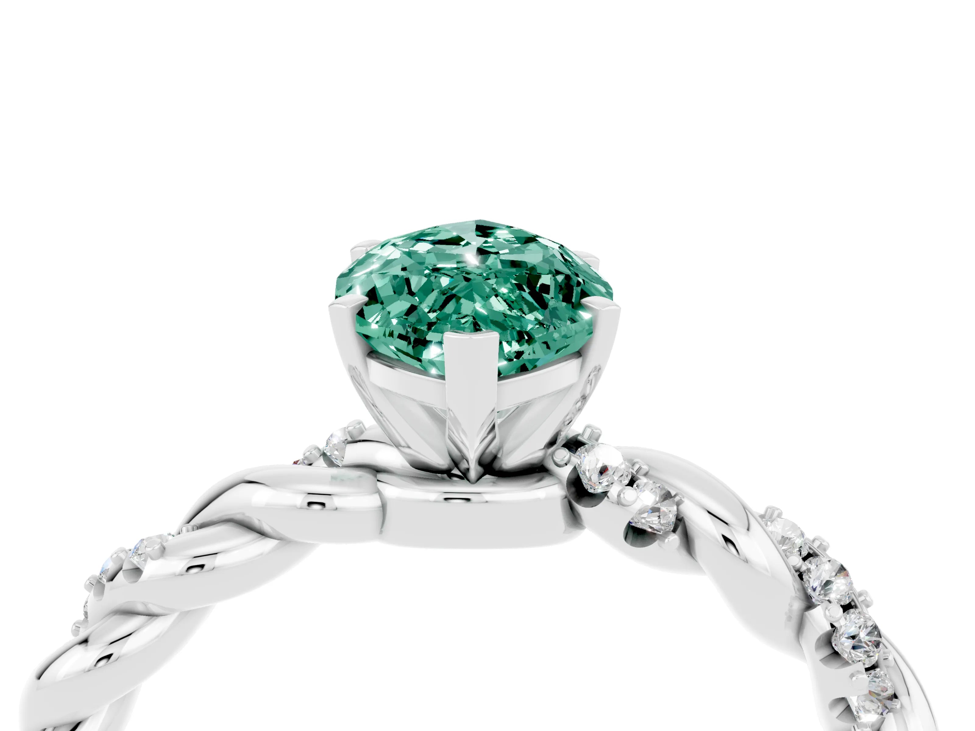 White gold Marquise Cut Green Sapphire Solitaire Ring with Twisted Band and Pavé Accents_4