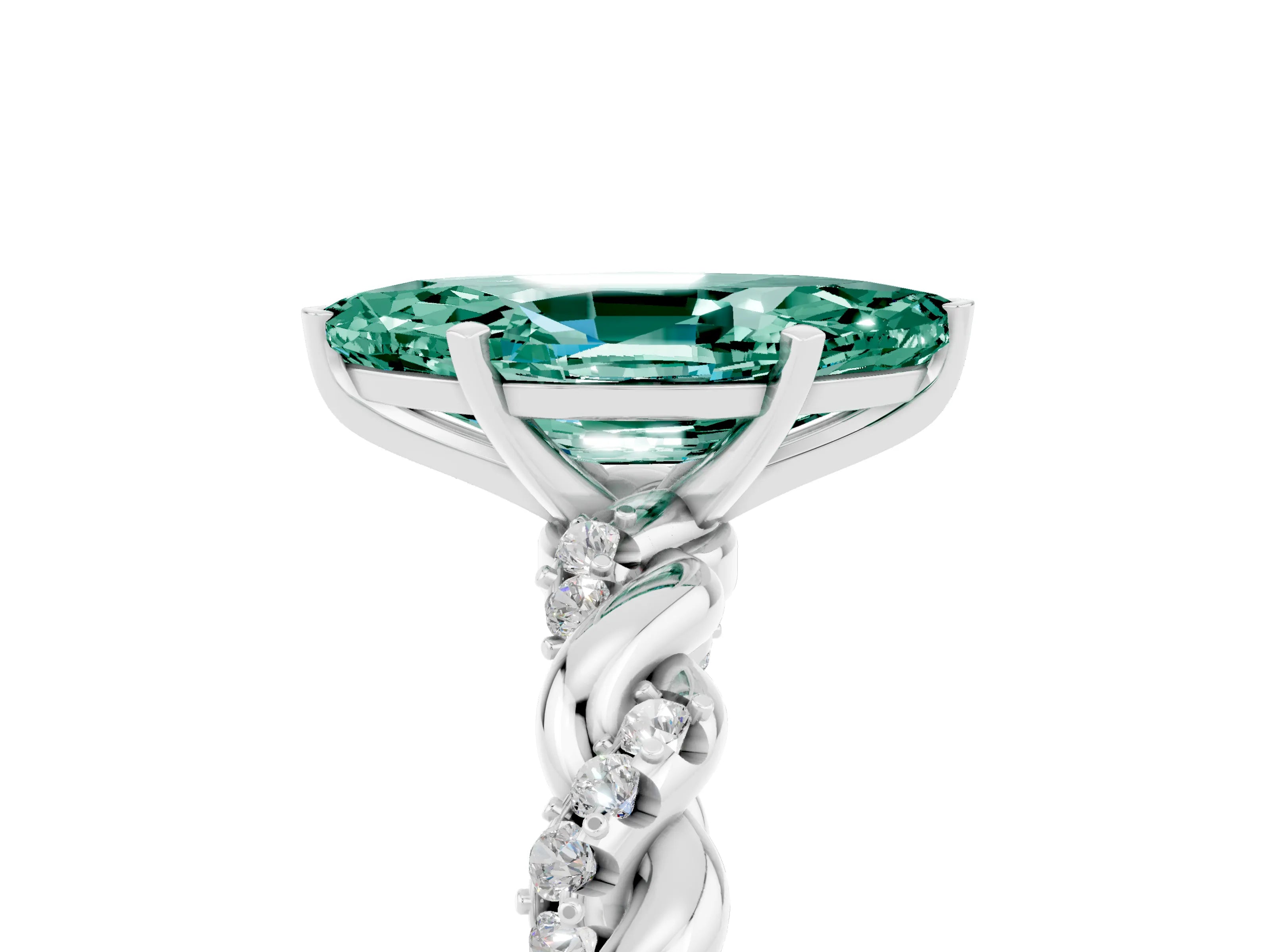 White gold Marquise Cut Green Sapphire Solitaire Ring with Twisted Band and Pavé Accents_5