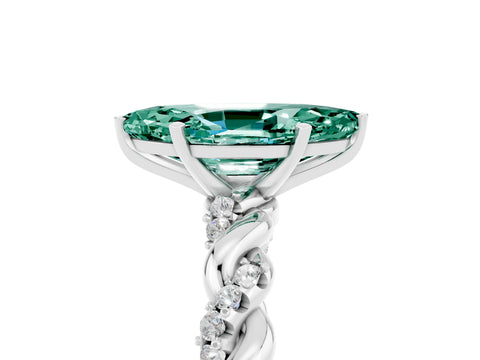White gold Marquise Cut Green Sapphire Solitaire Ring with Twisted Band and Pavé Accents_5