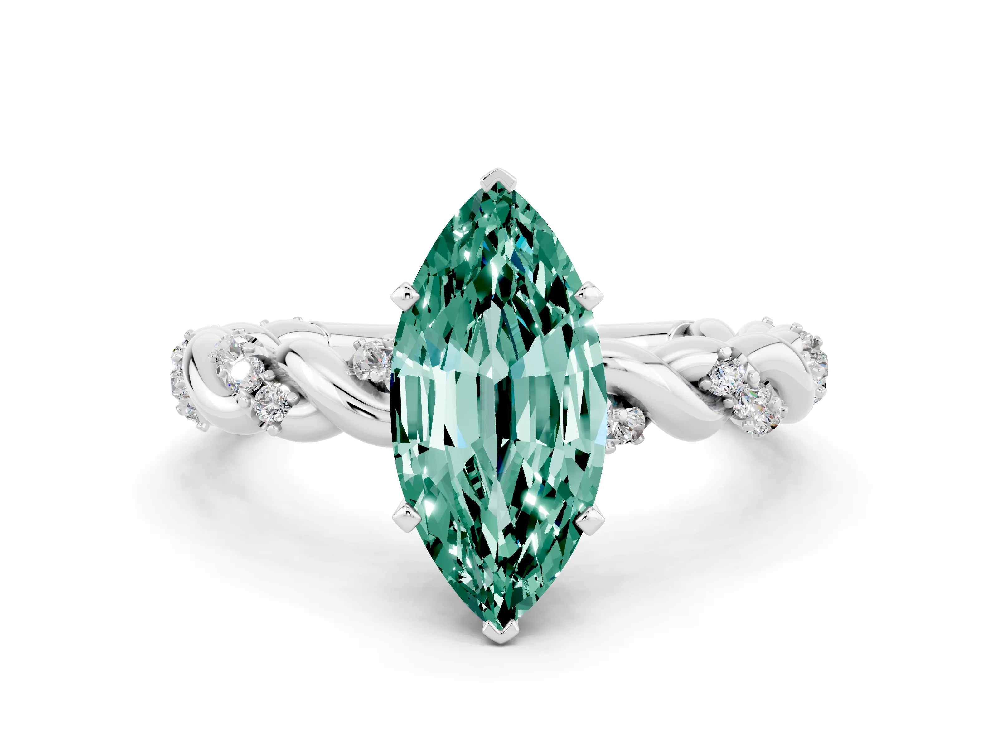 White gold Marquise Cut Green Sapphire Solitaire Ring with Twisted Band and Pavé Accents