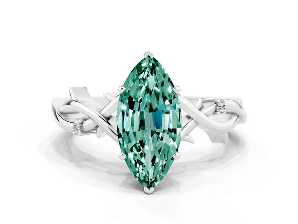 Platinum Marquise Cut Green Sapphire Solitaire Ring with Twisted Band and Prong Setting
